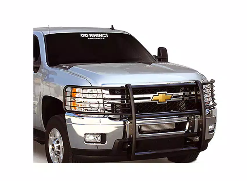 Go Rhino Grille Guard, 3000 Series, 9-Piece Modular, Powder Coated, Black, Mild Steel, With Brush Guard, Without Skid Plate, With Step Plate – 3155MB