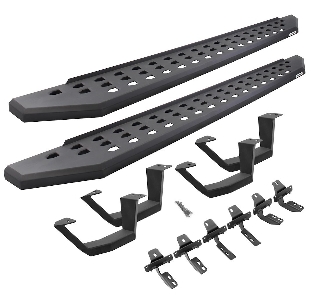 Go Rhino Running Board, RB20, Textured Powder Coated, Black Galvanized Steel, Unlighted, Rocker Panel Mount, With Drop Down Steps – 6942998020PC