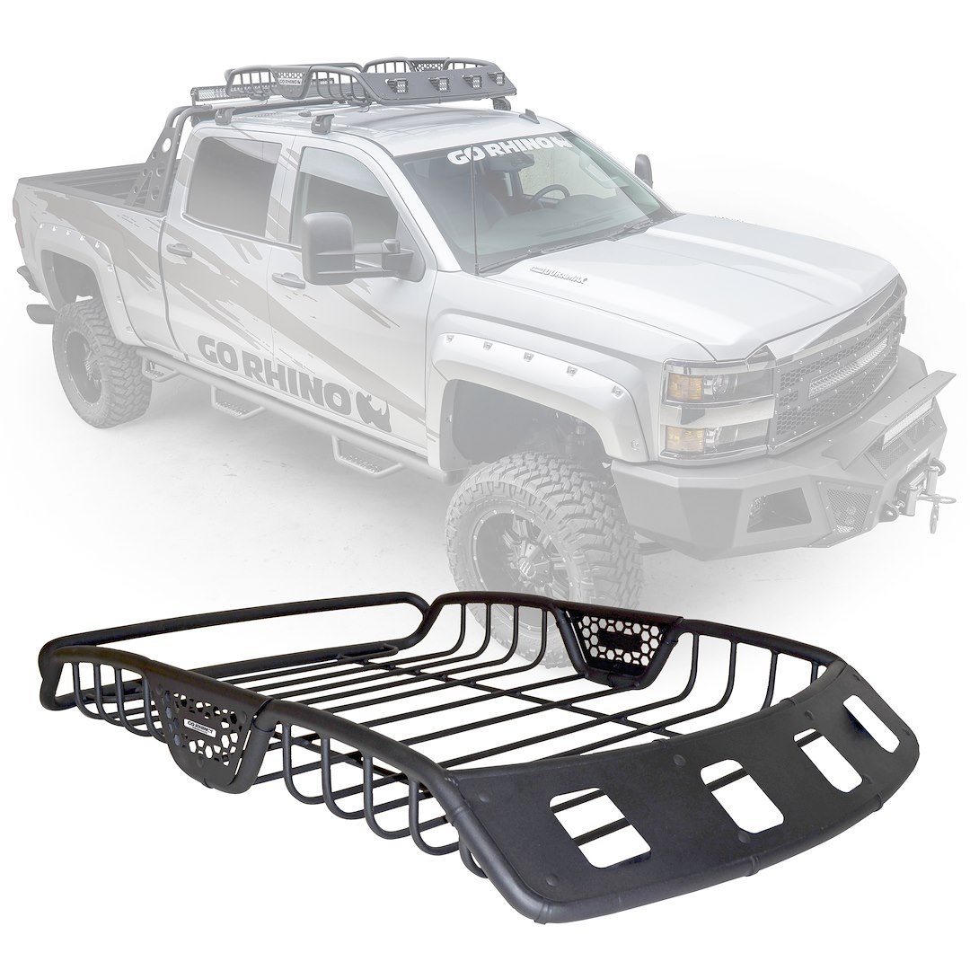 Go Rhino Roof Basket, Safari Rack, 48 Inch Length X 40 Inch Width X 6 Inch Height, Black Textured Powder Coat Steel with Black Fairings – 59045T