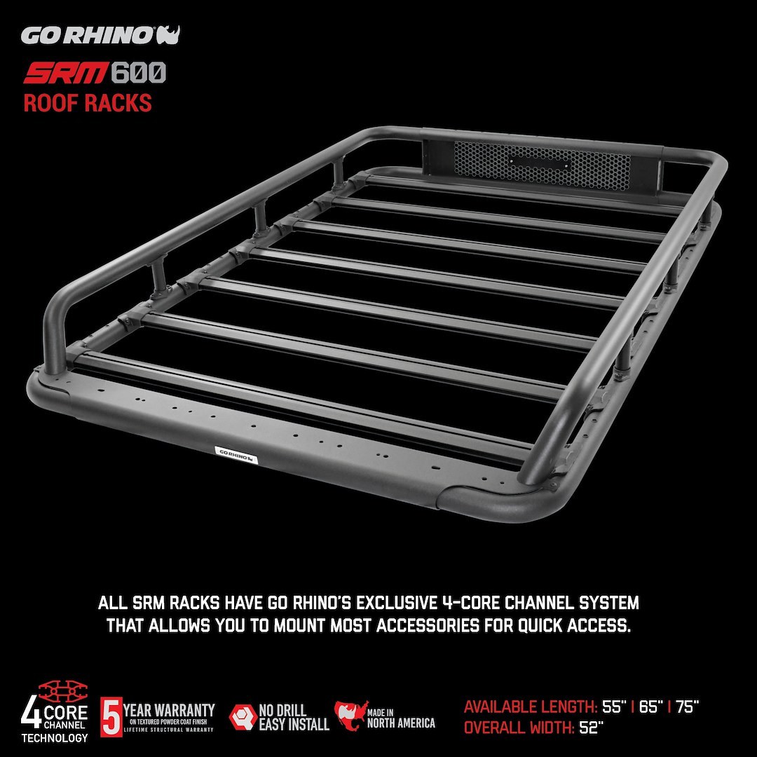 Go Rhino Roof Basket, SRM600, Mounts to OEM Crossbars, 55 Inch Length X 52 Inch Wide, Load Rating Determined by Choice of Mounting System – 5936055T