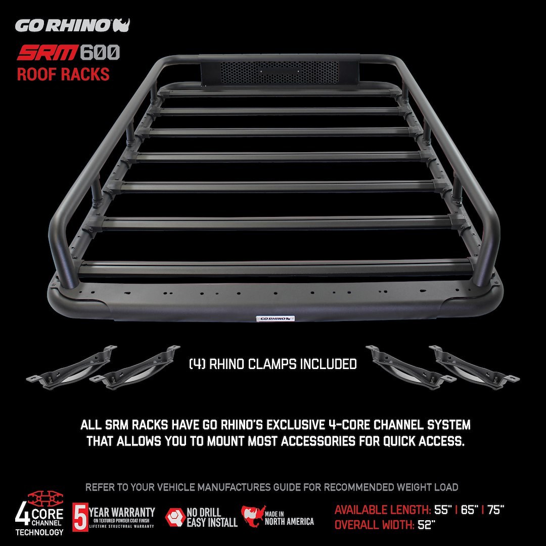 Go Rhino Roof Basket, SRM600, Mounts to OEM Crossbars, 55 Inch Length X 52 Inch Wide, Load Rating Determined by Choice of Mounting System – 5936055T
