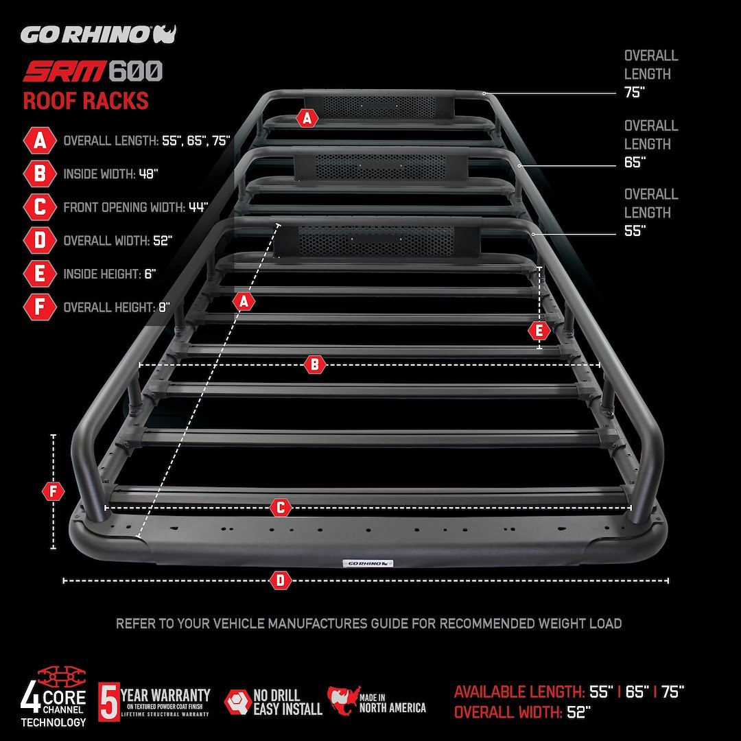 Go Rhino Roof Basket, SRM600, Mounts to OEM Crossbars, 55 Inch Length X 52 Inch Wide, Load Rating Determined by Choice of Mounting System – 5936055T