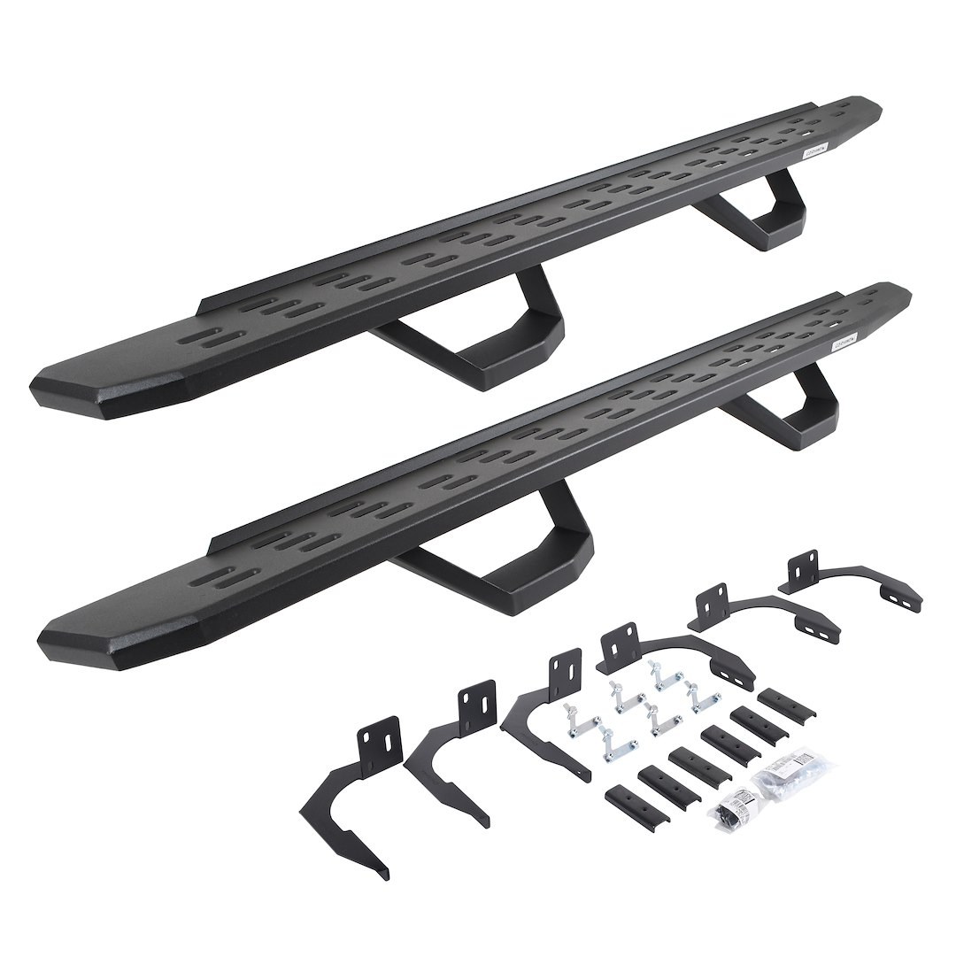 Go Rhino Running Board, RB30, Textured, Black, Galvanized Steel, Unlighted, Rocker Panel Mount, With Drop Down Steps – 6960998020PC