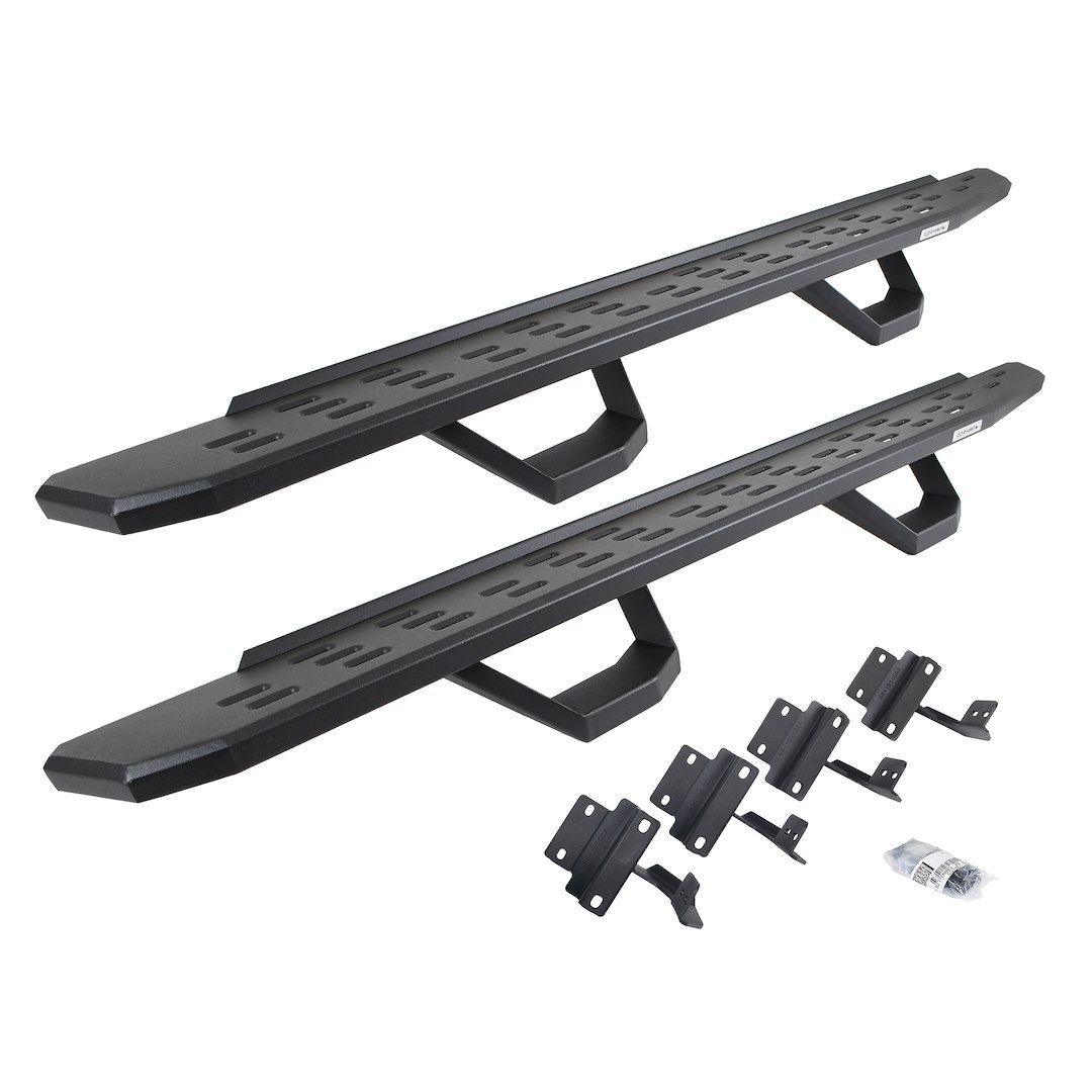 Go Rhino Running Board, RB30, Textured, Black, Galvanized Steel, Unlighted, Rocker Panel Mount, With Drop Down Steps – 6961778020PC