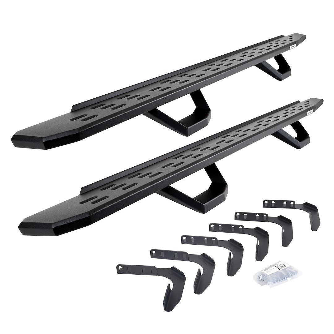 Go Rhino Running Board, RB30, Textured, Black, Galvanized Steel, Unlighted, Rocker Panel Mount, With Drop Down Steps – 6961808720PC