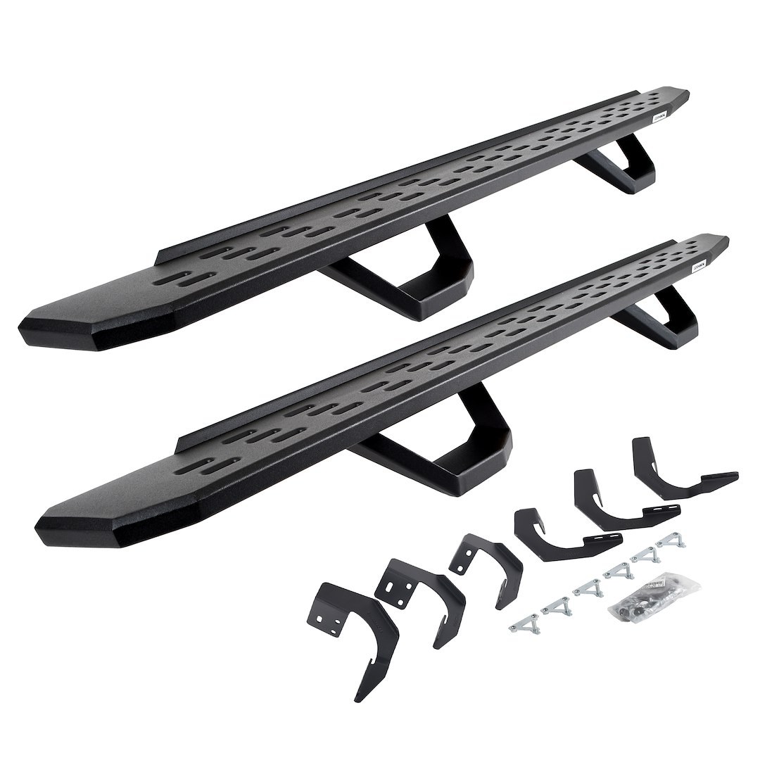 Go Rhino Running Board, RB30, Textured, Black, Galvanized Steel, Unlighted, Rocker Panel Mount, With Drop Down Steps – 6962068720PC