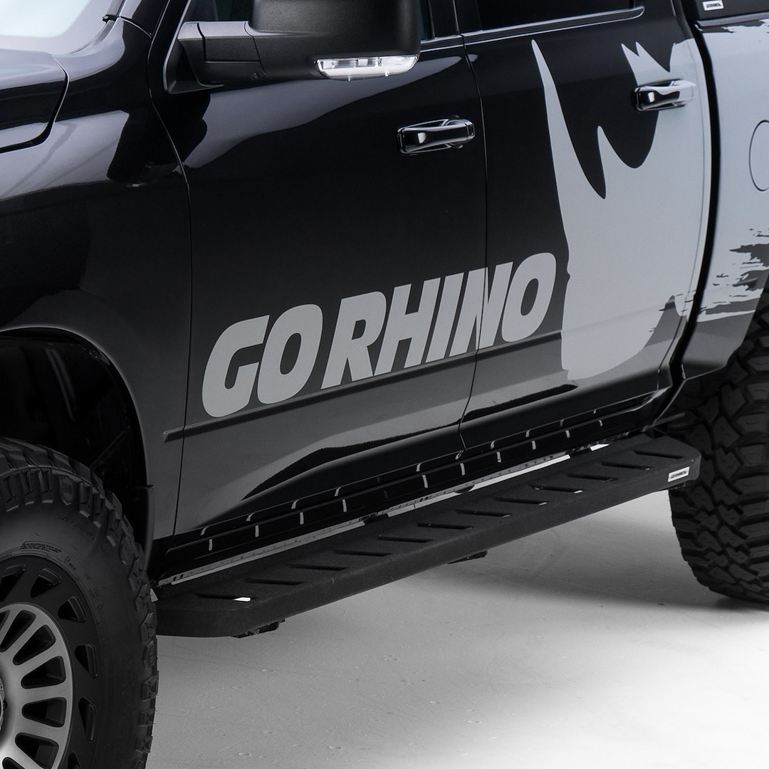 Go Rhino Running Board, RB10, Protective Bedliner Coated, Black, Galvanized Steel, Unlighted, Rocker Panel Mount, Without Drop Step – 63430680T