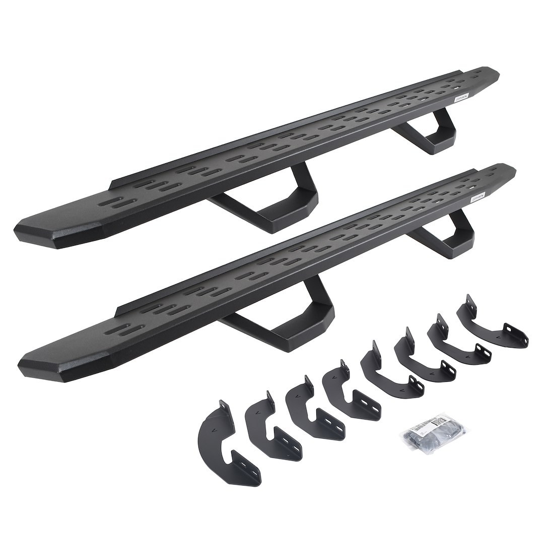 Go Rhino Running Board, RB30, Textured, Black, Galvanized Steel, Unlighted, Rocker Panel Mount, With Drop Down Steps – 6964158020PC