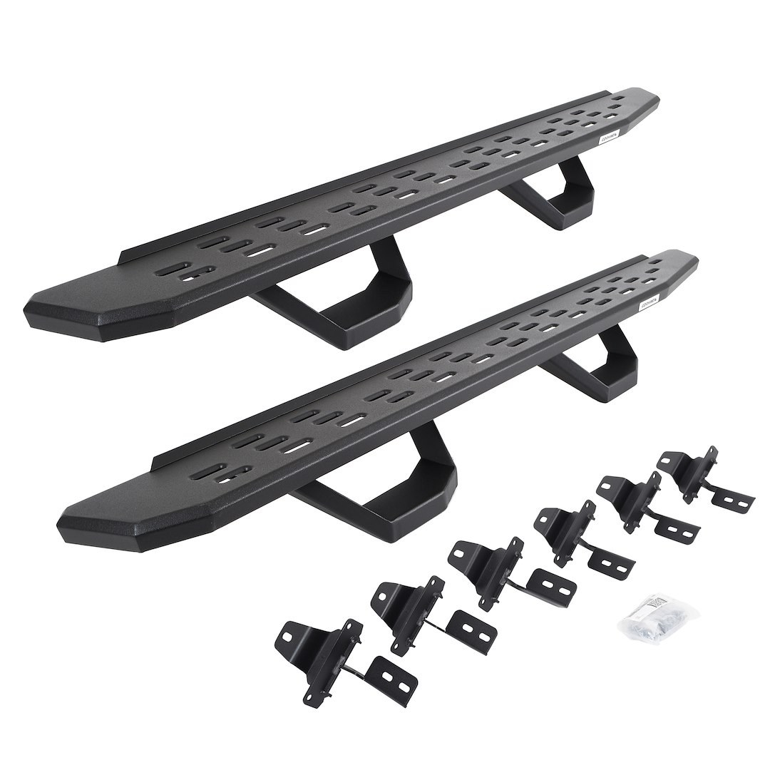 Go Rhino Running Board, RB30, Textured, Black, Galvanized Steel, Unlighted, Body/Frame Mount, With Drop Down Steps – 6965067320PC