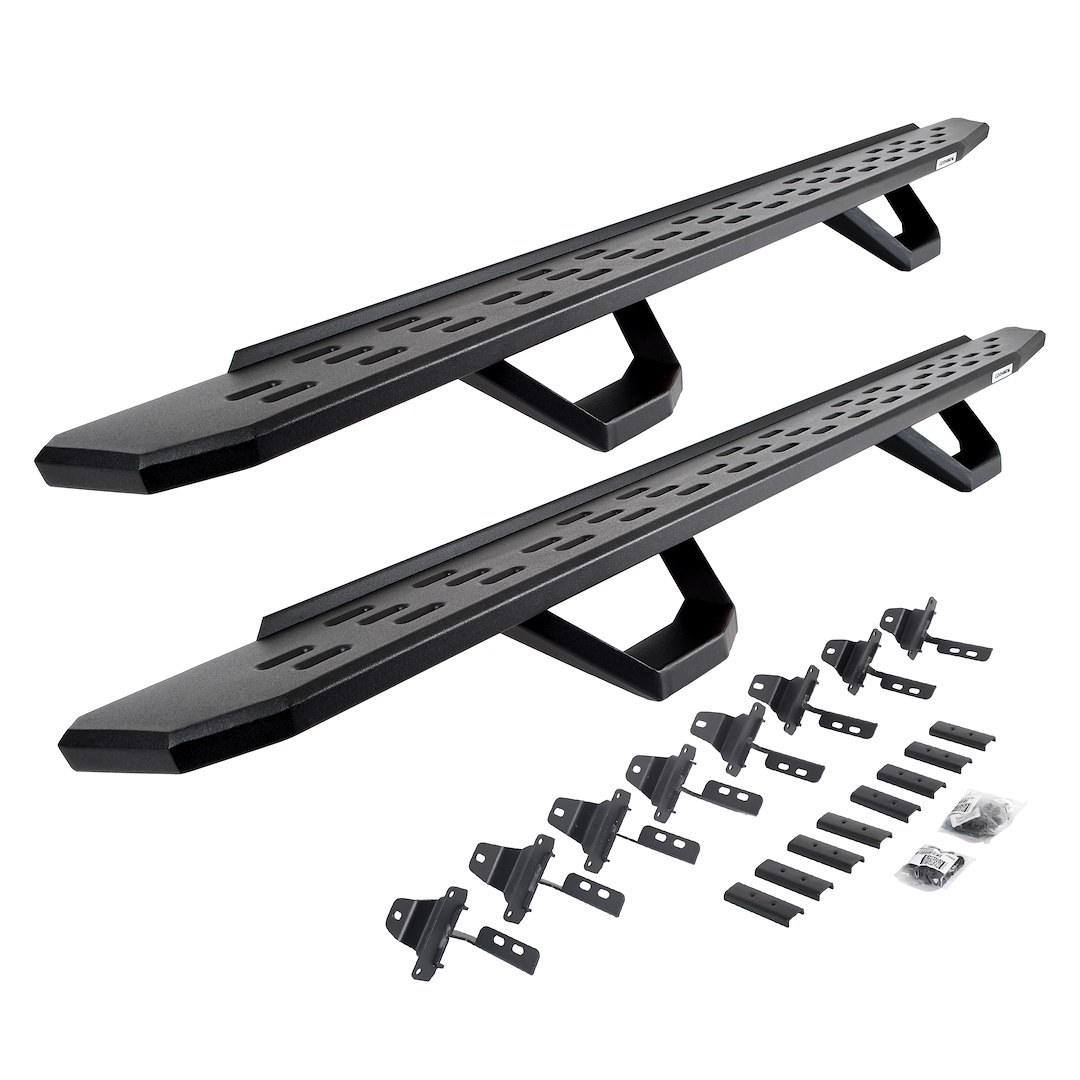 Go Rhino Running Board, RB30, Textured, Black, Galvanized Steel, Unlighted, Rocker Panel Mount, With Drop Down Steps – 6965168720PC