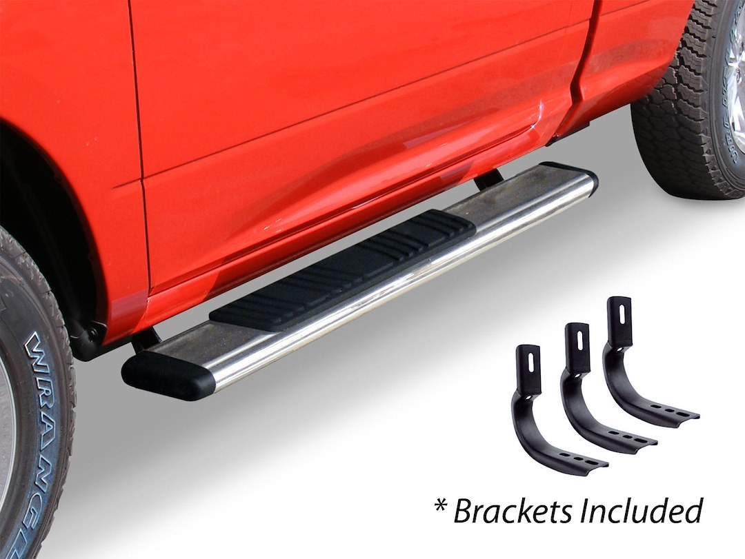 Go Rhino Nerf Bar, OE Xtreme Low Profile, With Step Pads, 5 Inch Oval Straight, Polished, Stainless Steel, With Black Plastic End Caps – 685441552PS