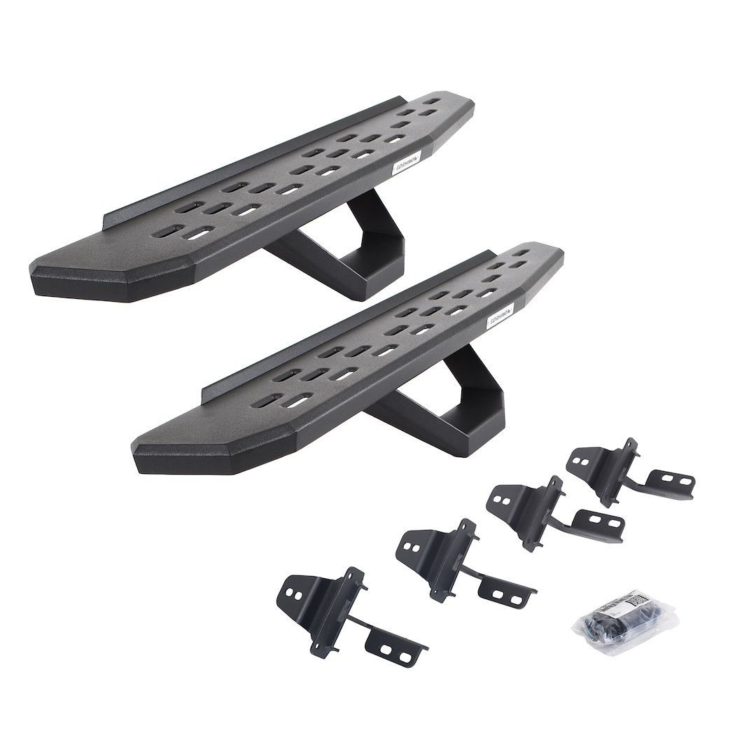 Go Rhino Running Board, RB30, Textured, Black, Galvanized Steel, Unlighted, Rocker Panel Mount, With Drop Down Steps – 6969264810PC