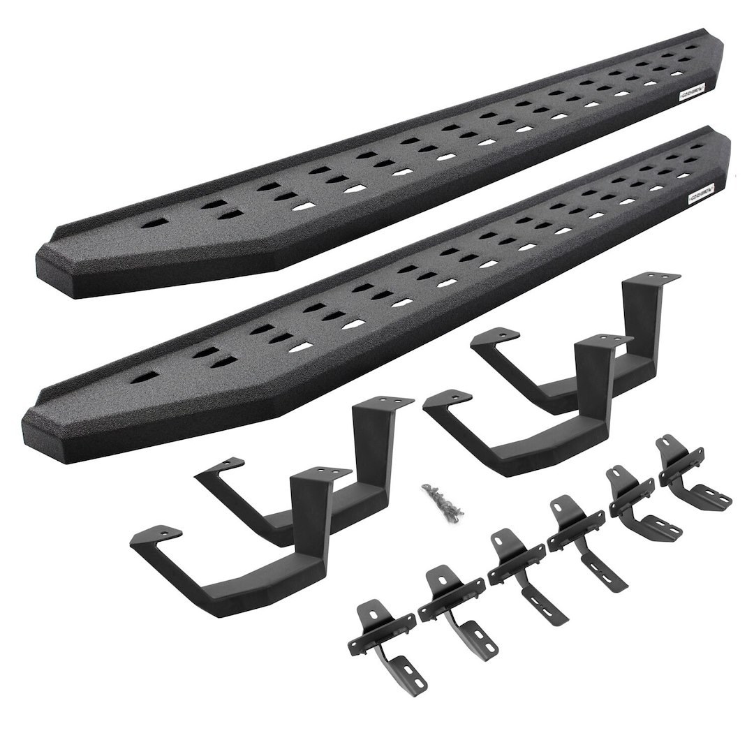 Go Rhino Running Board, RB20, Textured Powder Coated, Black Galvanized Steel, Unlighted, Rocker Panel Mount, With Drop Down Steps – 6943466820PC