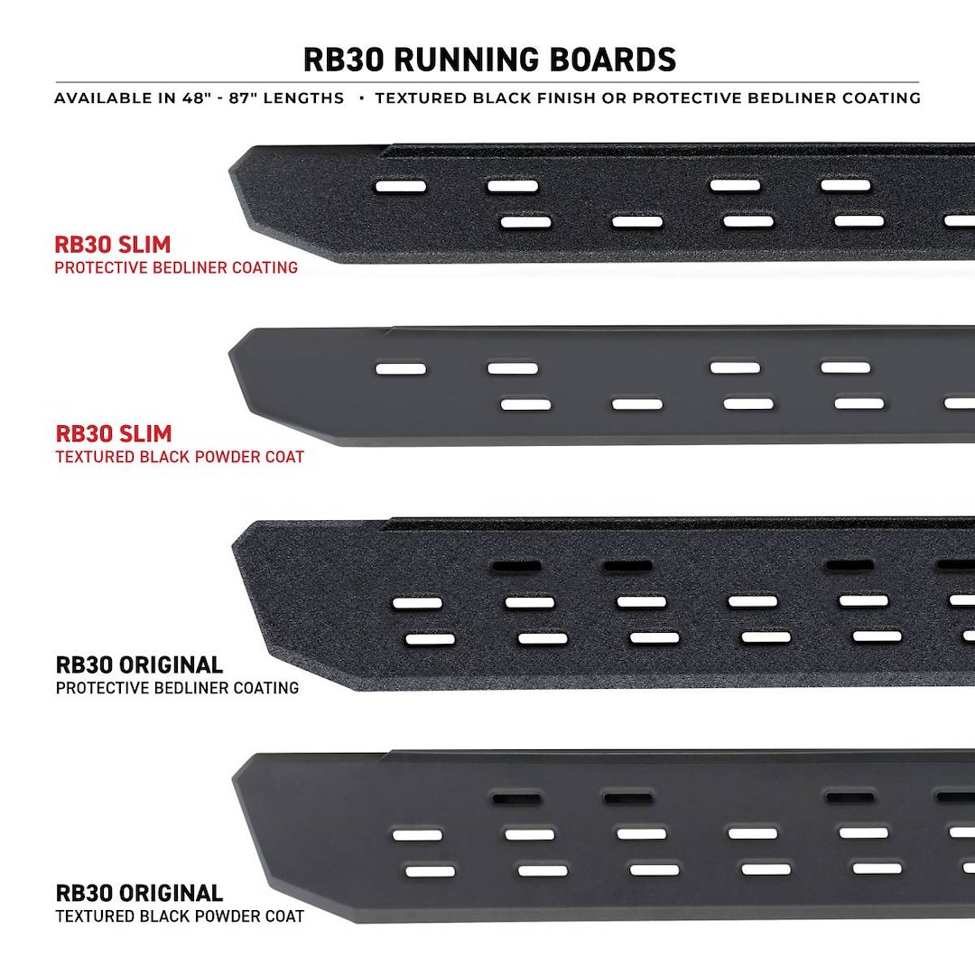 Go Rhino Running Board, RB30, Textured, Black, Galvanized Steel, Unlighted, Body/Frame Mount, Without Drop Down Steps – 69604880PC