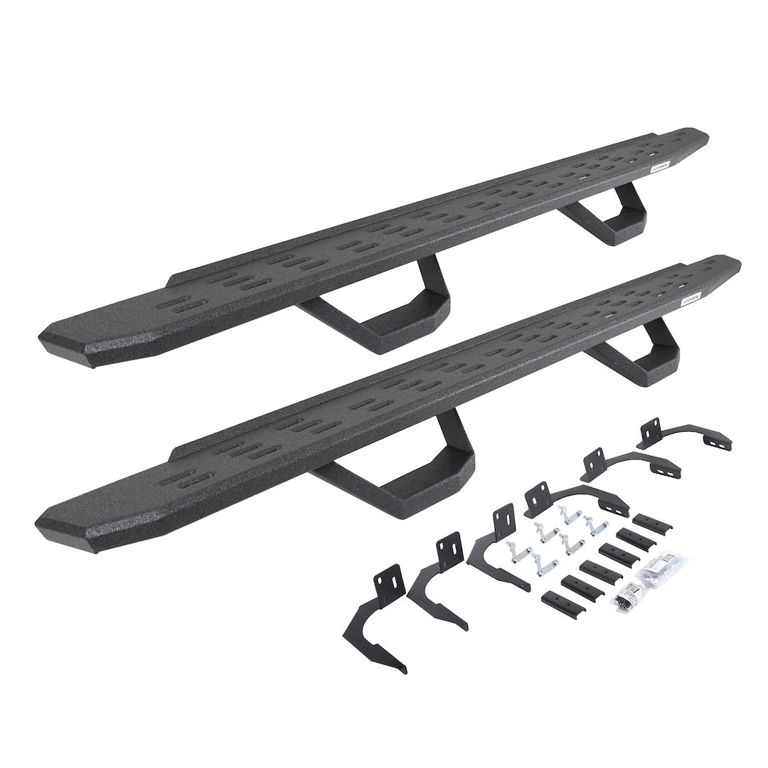 Go Rhino Running Board, RB30, Protective Bedliner Coating, Black, Galvanized Steel, Unlighted, Rocker Panel Mount, With Drop Down Steps – 6960998020T