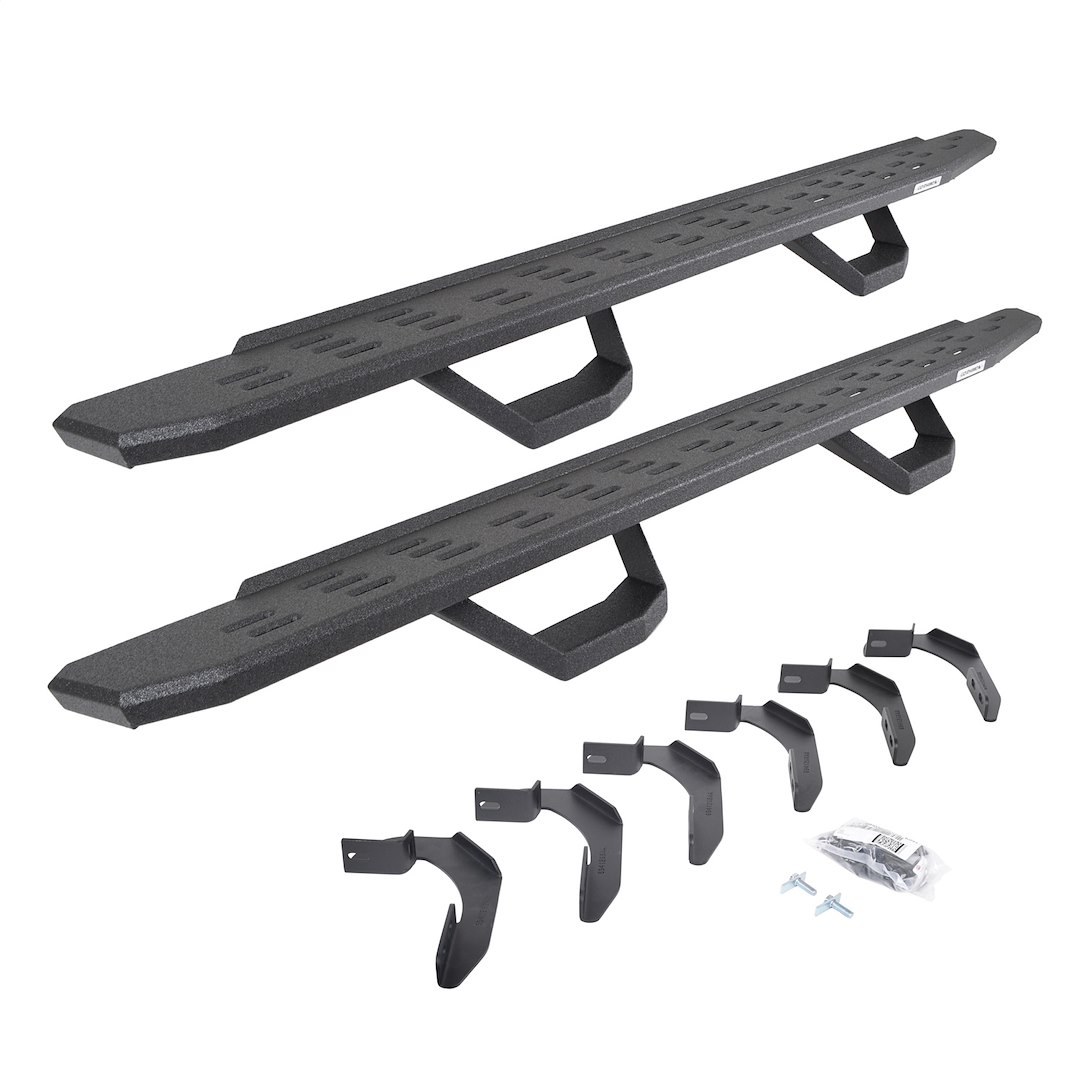 Go Rhino Running Board, RB30, Protective Bedliner Coating, Galvanized Steel, Unlighted, Rocker Panel Mount, With Drop Down Steps – 6963468020T