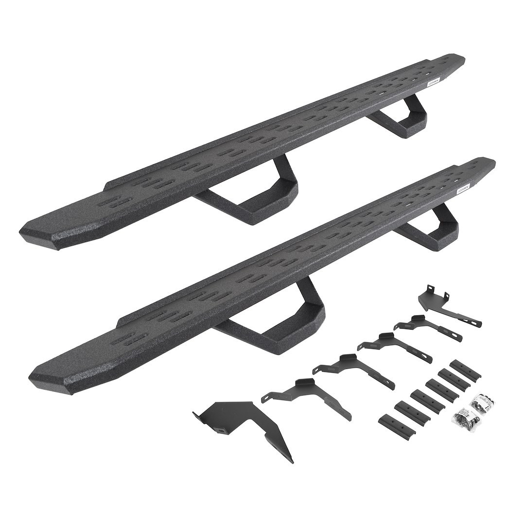 Go Rhino Running Board, RB30, Protective Bedliner Coating, Galvanized Steel, Unlighted, Rocker Panel Mount, With Drop Down Steps – 6963688020T