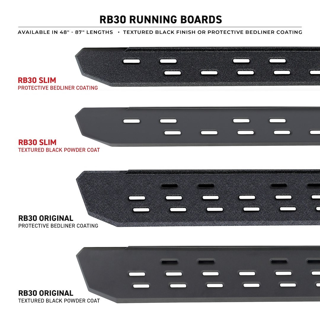 Go Rhino Running Board, RB30, Protective Bedliner Coating, Black, Galvanized Steel, Unlighted, Rocker Panel Mount, Without Drop Down Steps – 69641687T