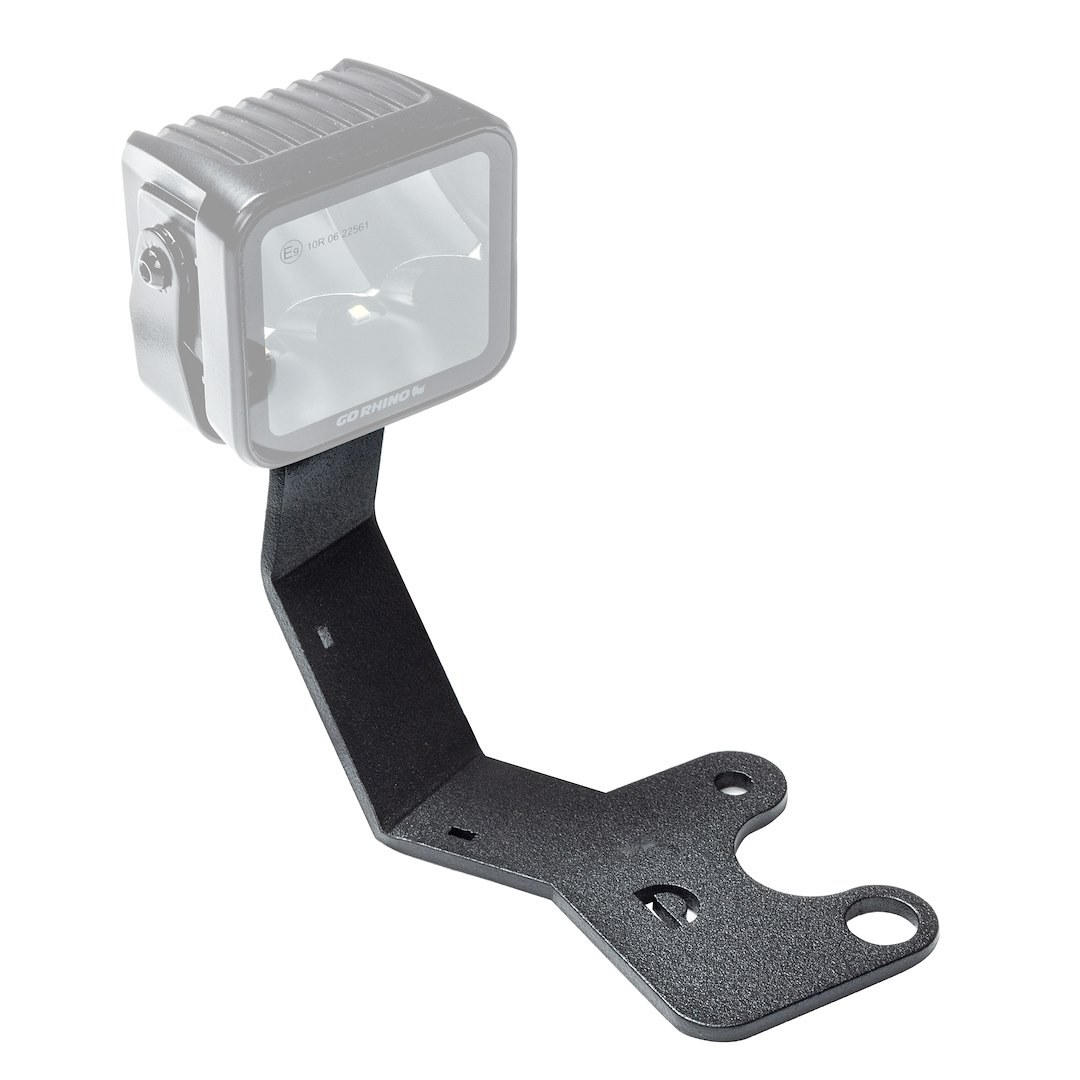 Go Rhino Driving/ Fog Light Mounting Bracket, Hood Mount, Textured Powder Coated, Mounts One 3 Inch Cube Lights Offset, Black, Steel – 732350T