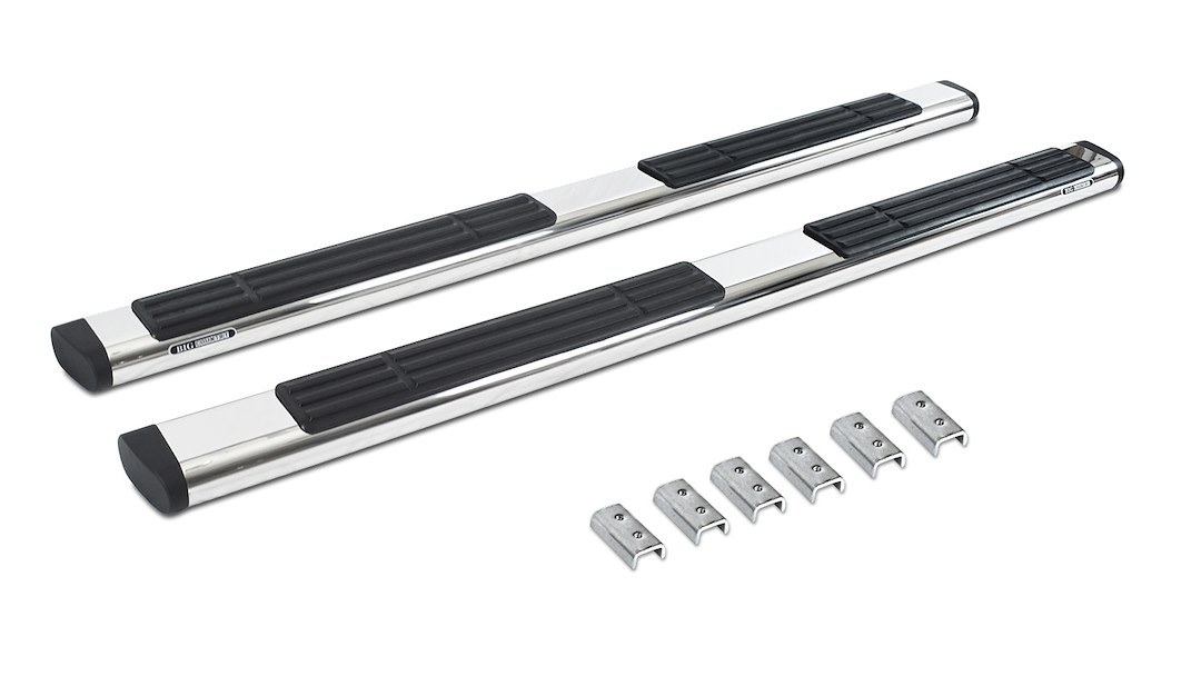 Go Rhino Nerf Bar, OEM Xtreme, With Step Pads, 6 Inch Oval Straight, Polished, Stainless Steel, With Welded End Caps, Rocker Panel Mount – 686451687PS