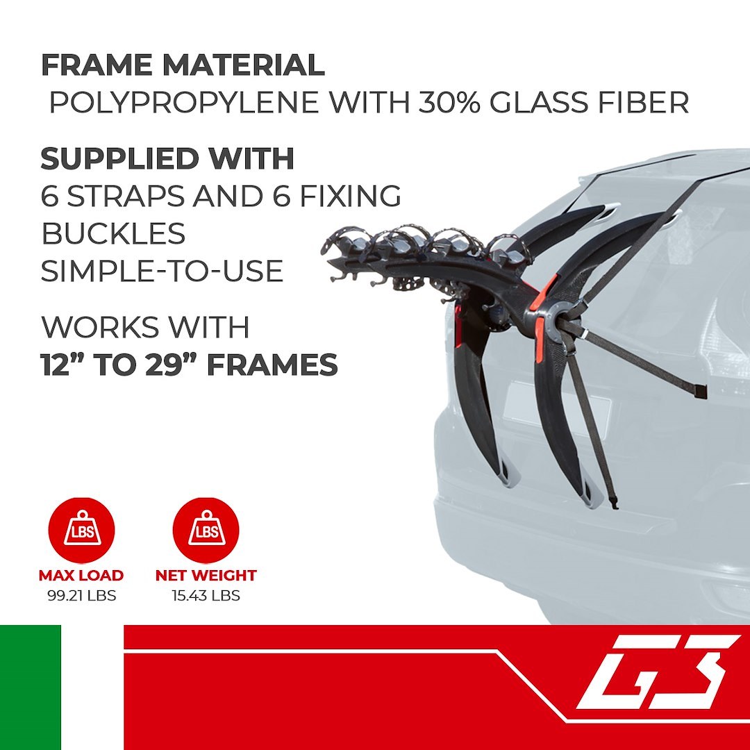 G3 S.p.a Bike Rack, Frame, Trunk/ Hatch Mount, Holds 3 Bikes, Frame Clamp, Without Lock, Non-Foldable, Black, Aluminum – 23.201