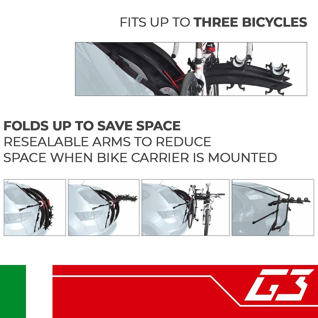 G3 S.p.a Bike Rack, Frame, Trunk/ Hatch Mount, Holds 3 Bikes, Frame Clamp, Without Lock, Non-Foldable, Black, Aluminum – 23.201