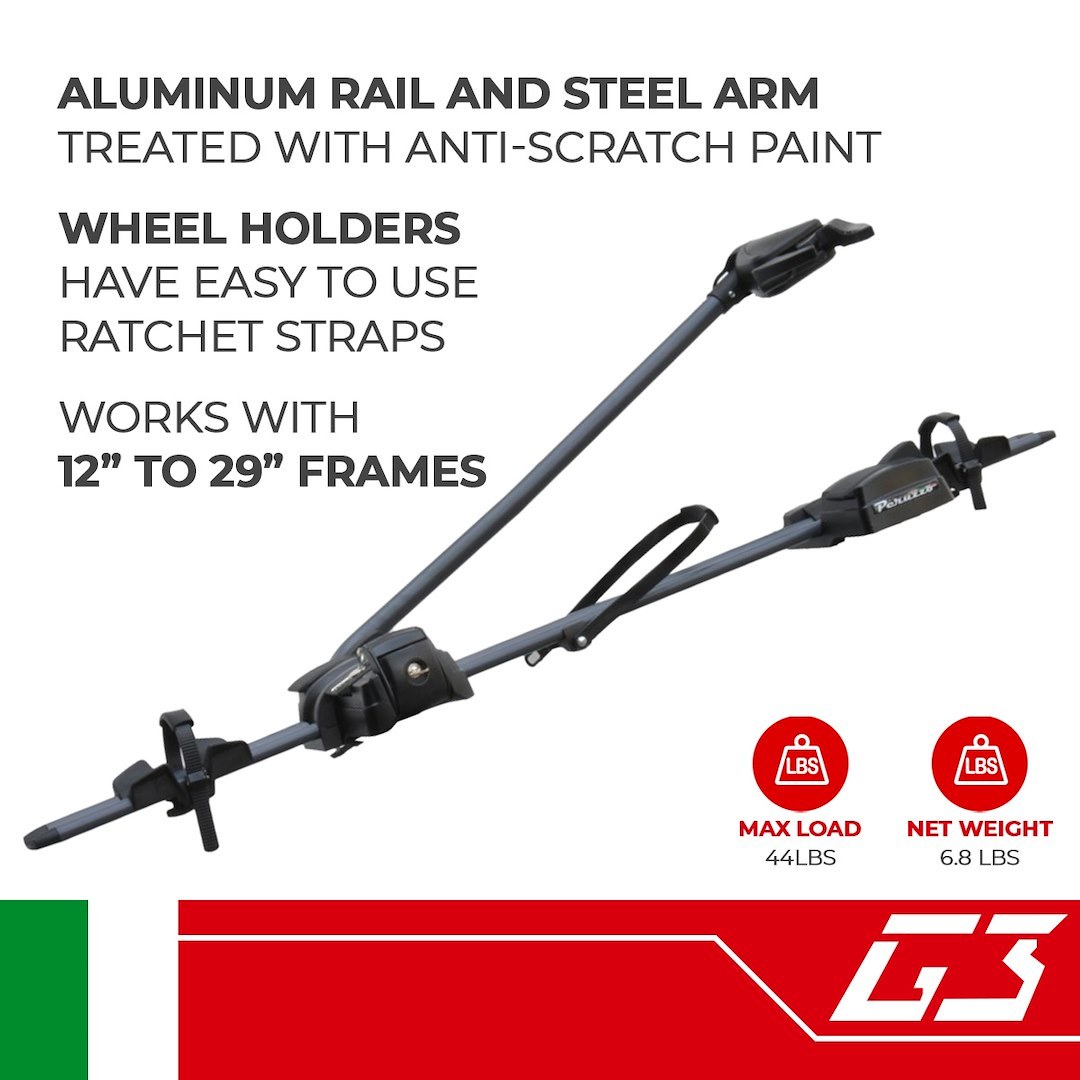 G3 S.p.a Bike Rack, Pure Instinct, Mounts to Roof Bar, Holds 1 Bike, Frame Clamp, Without Lock, Black, Aluminum Track/ Steel Arm – 23.710