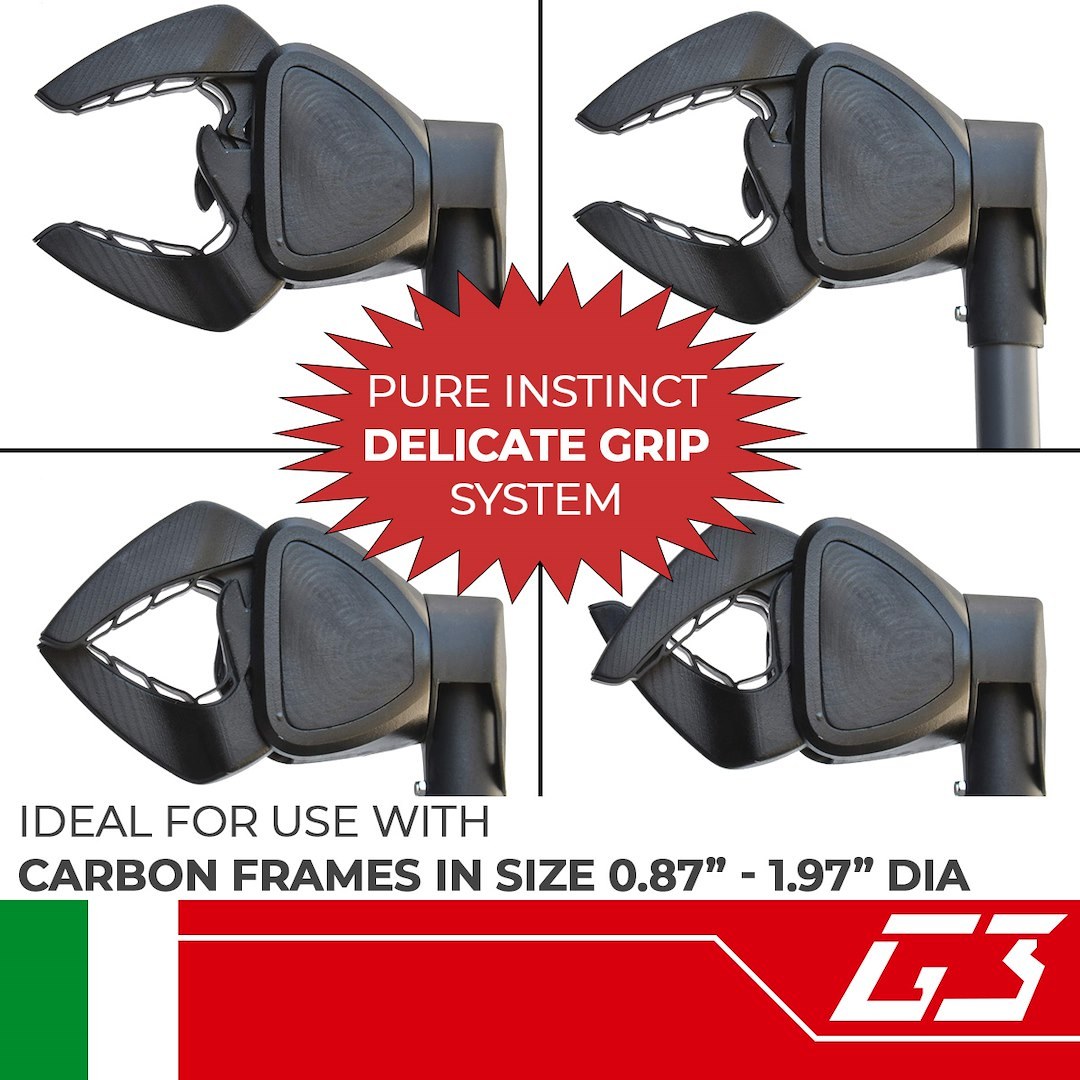 G3 S.p.a Bike Rack, Pure Instinct, Mounts to Roof Bar, Holds 1 Bike, Frame Clamp, Without Lock, Black, Aluminum Track/ Steel Arm – 23.710