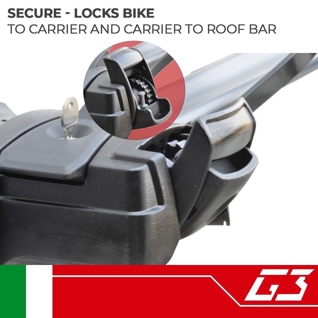 G3 S.p.a Bike Rack, Pure Instinct, Mounts to Roof Bar, Holds 1 Bike, Frame Clamp, Without Lock, Black, Aluminum Track/ Steel Arm – 23.710