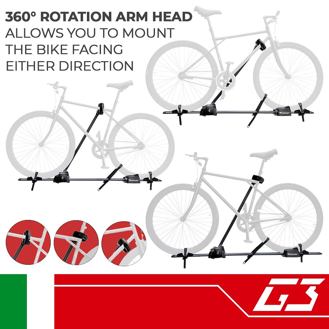 G3 S.p.a Bike Rack, Pure Instinct, Mounts to Roof Bar, Holds 1 Bike, Frame Clamp, Without Lock, Black, Aluminum Track/ Steel Arm – 23.710