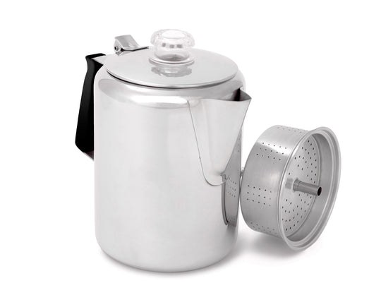 G.s.i.sports Coffee Maker, Glacier, Ultra Rugged, Stainless Steel, Resin Percview Knob, Silicone Handle, 9 Cup Capacity – 65209