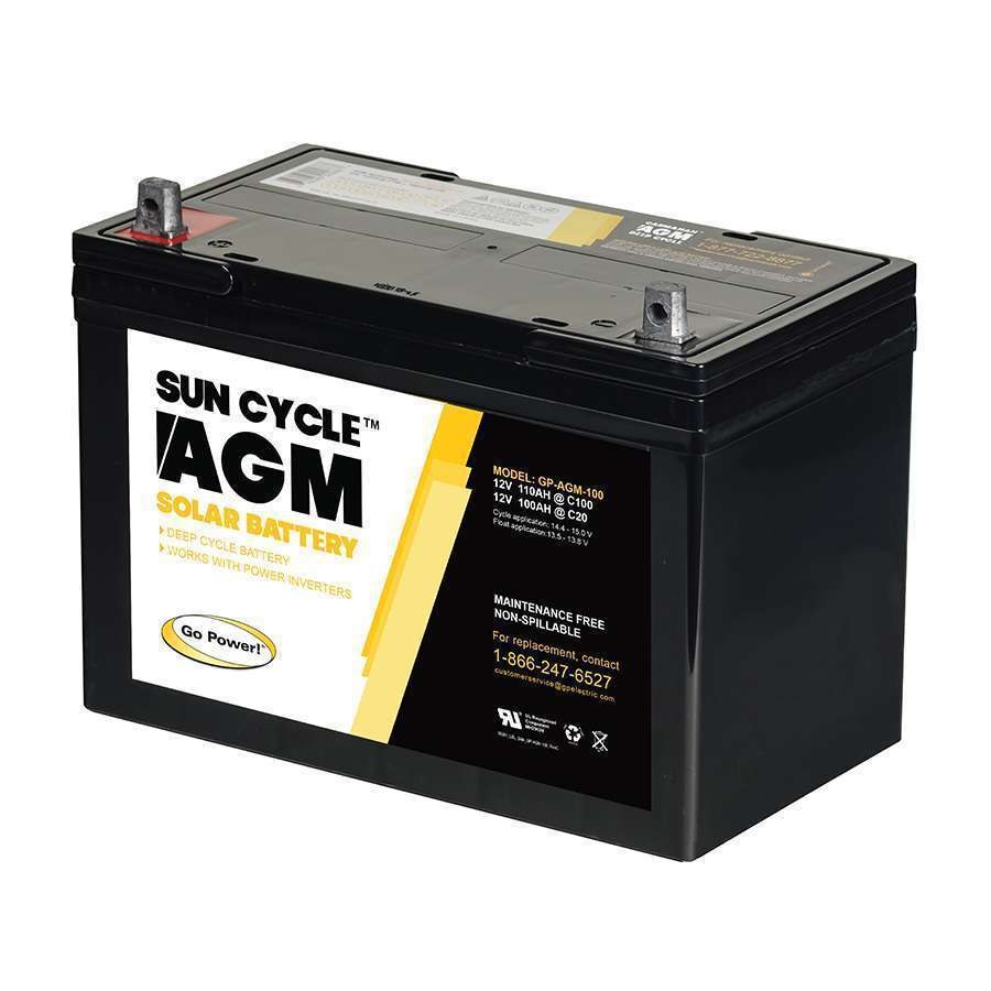 Go Power Battery, AGM Series, AGM Deep Cycle Solar Battery, 12 Volts, 100 Amp, Top Terminals, Flooded Lead Acid – GP-AGM-100-12V