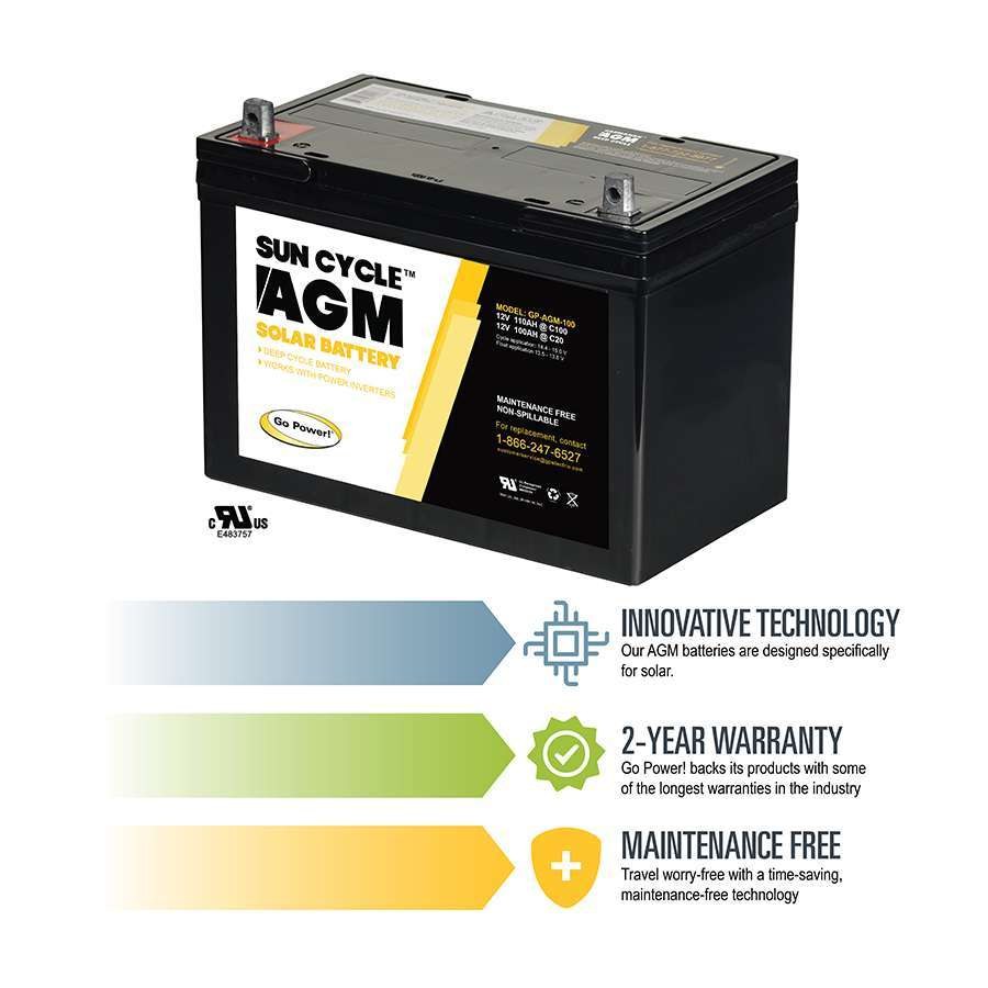 Go Power Battery, AGM Series, AGM Deep Cycle Solar Battery, 12 Volts, 100 Amp, Top Terminals, Flooded Lead Acid – GP-AGM-100-12V