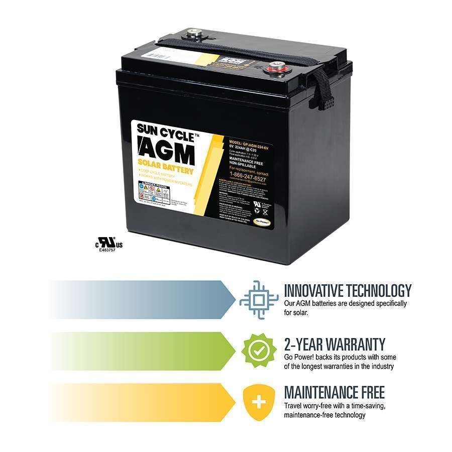 Go Power Battery, AGM Series, Solar Battery, 6 Volt, Top Terminals, Also Use New Number 77606 – GP-AGM-224-6V
