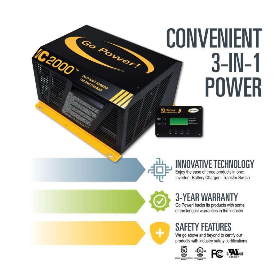 Go Power Power Inverter, Ic 2000 ™, 3-IN-1 Sine Wave Inverter, Inverts 12 Volt DC to 120 Volt AC – GP-IC-2000-12-PKG