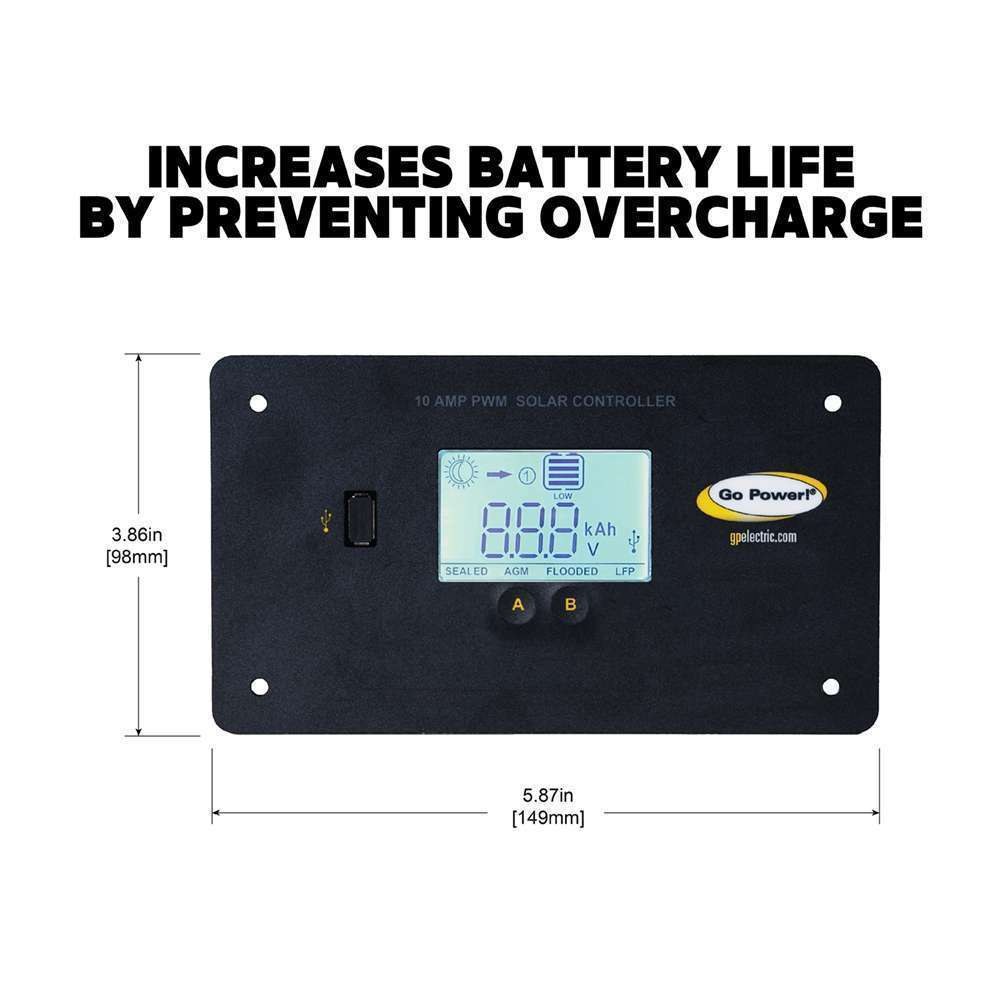 Go Power Battery Charger Controller, For Use with Solar 12 Volt Battery Chargers, Digital Solar Controller with Lcd Display, 30 Watt – GP-PWM-10-FM