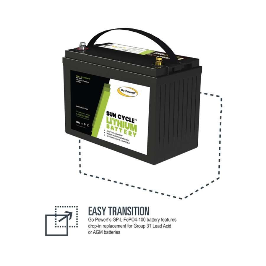 Go Power Battery, Solar Battery, Replacement for Group 31 Lead Acid or AGM Batteries, 12.8 Volts – GP-LIFEPO4-100