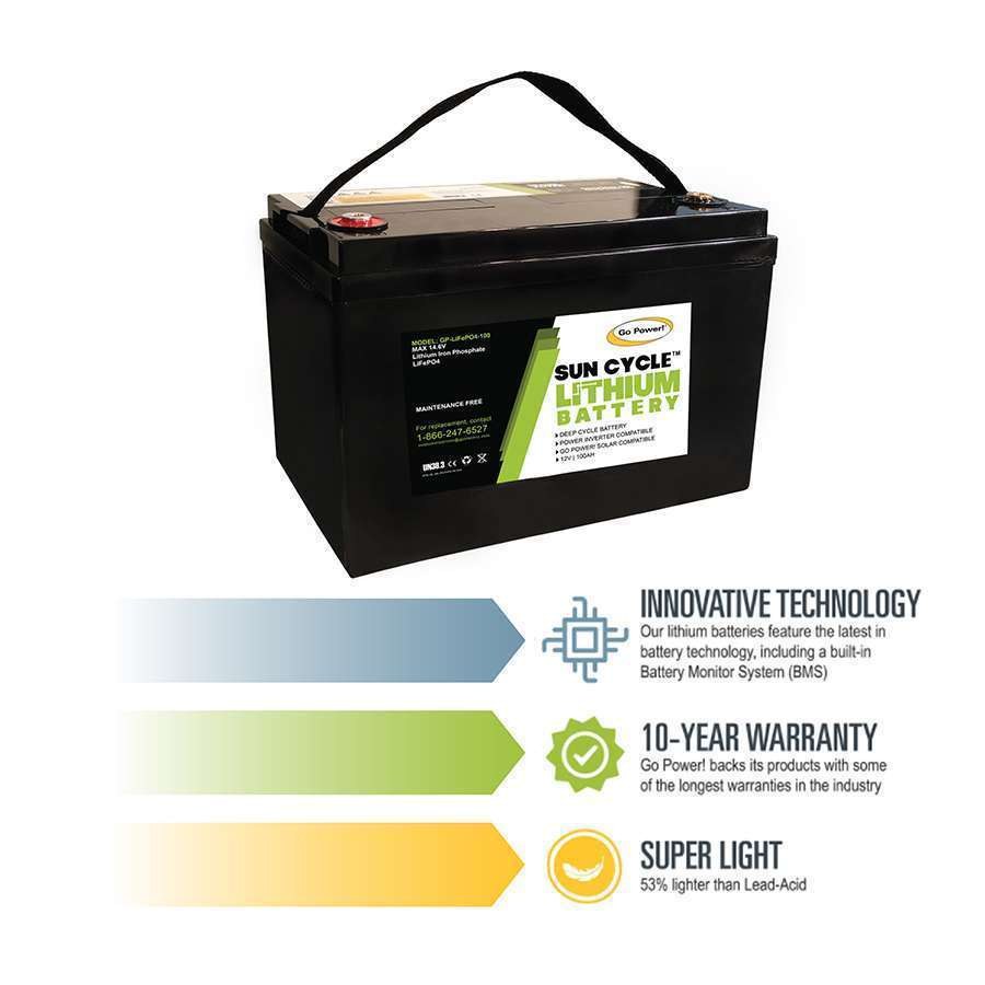 Go Power Battery, Solar Battery, Replacement for Group 31 Lead Acid or AGM Batteries, 12.8 Volts – GP-LIFEPO4-100