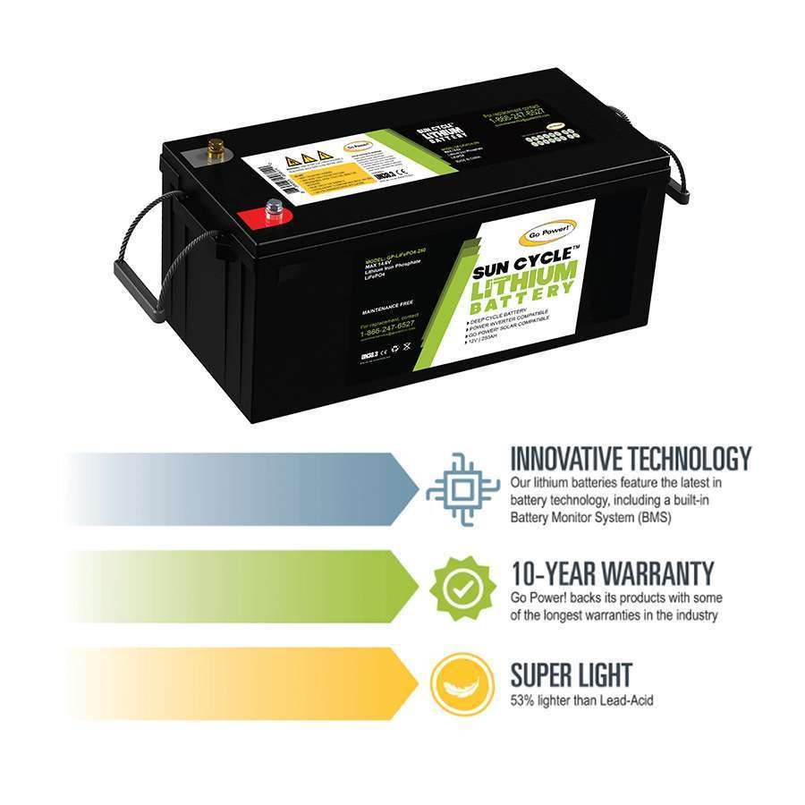 Go Power Battery, Solar Battery, Replacement for Group 31 Lead Acid or AGM Batteries, 12.8 Volts – GP-LIFEPO4-250