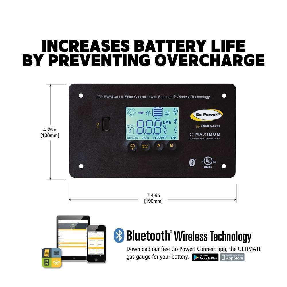 Go Power Battery Charger Controller, For Use with Solar 12 Volt Battery Chargers, 30 Amp, 6 to 15.5 Volt Operating Range – GP-PWM-30-UL