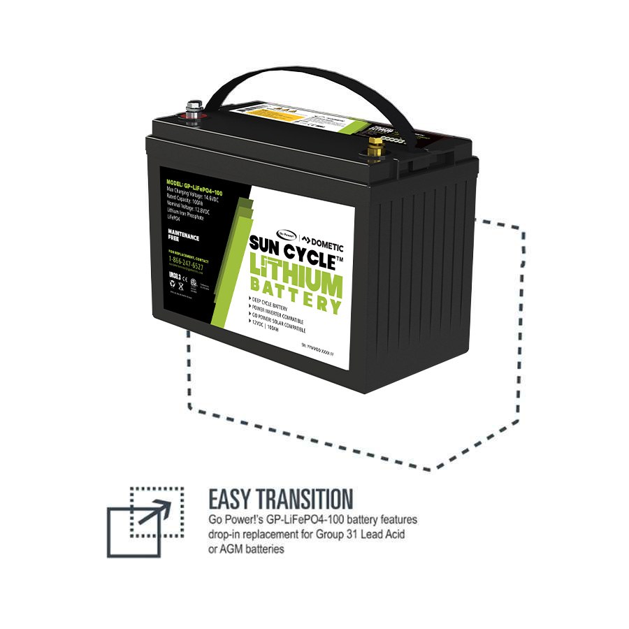 Go Power Battery, Sun Cycle ™, Solar Battery, Replacement for Group 31 Lead Acid or AGM Batteries, 12.8 Volts – GP-LIFEP04-100