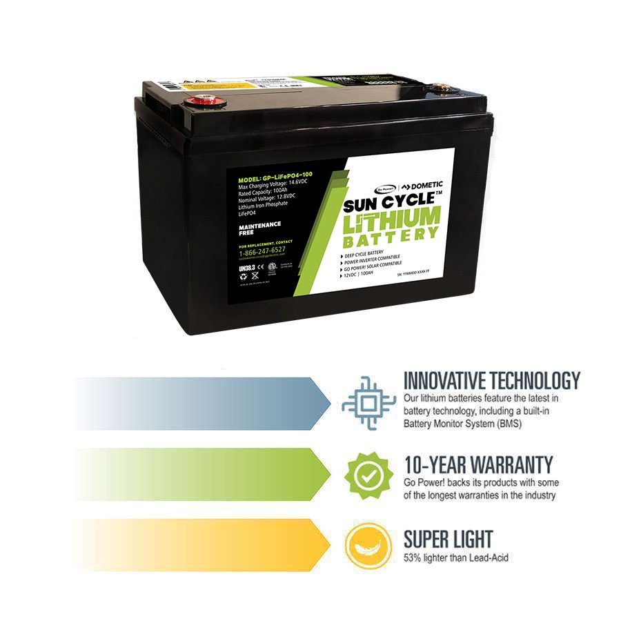 Go Power Battery, Sun Cycle ™, Solar Battery, Replacement for Group 31 Lead Acid or AGM Batteries, 12.8 Volts – GP-LIFEP04-100