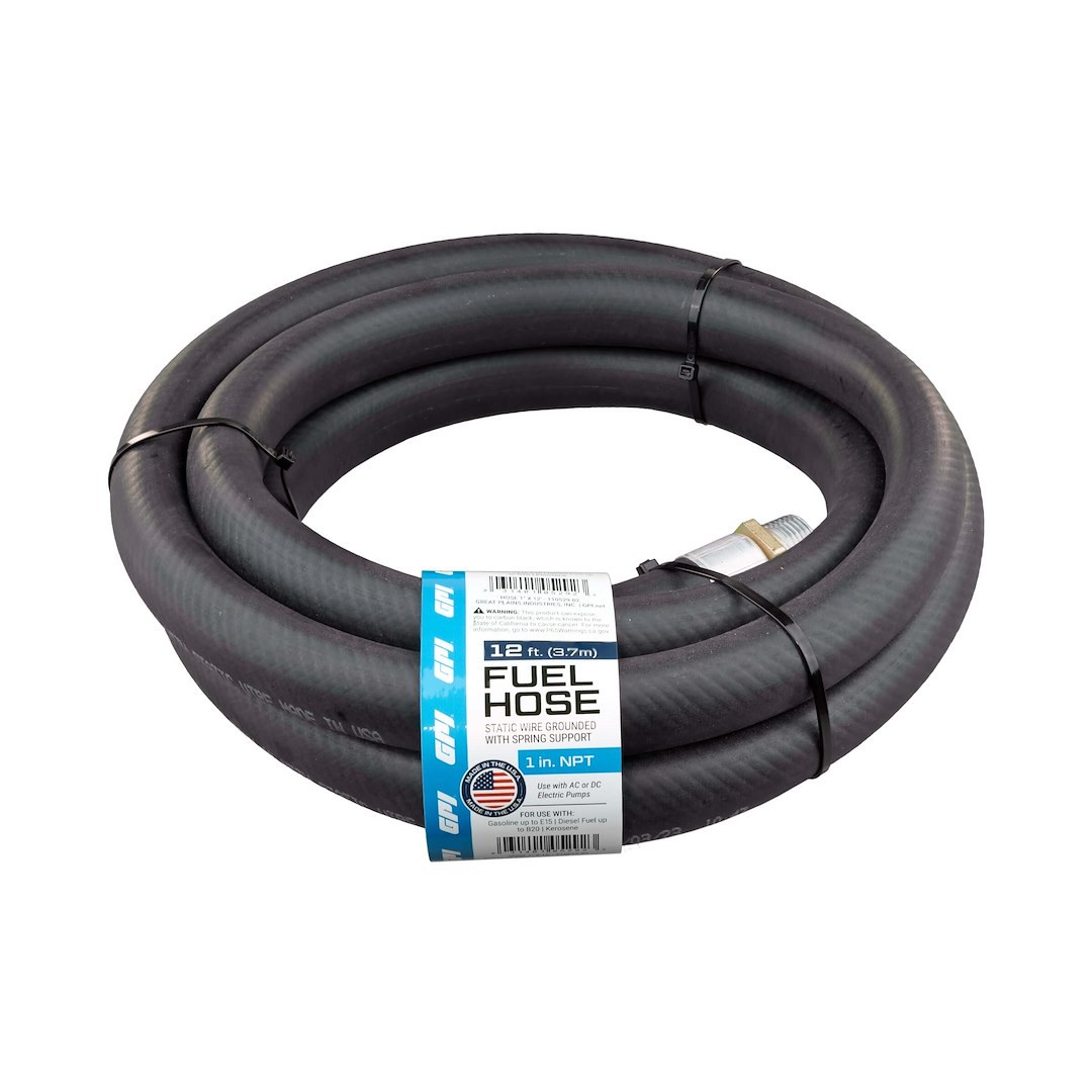 Gpi Liquid Transfer Tank Pump Hose, 12 Foot Length X 1 Inch Diameter, With Static Wire, 1 Inch NPT Thread, Black, Rubber – 110529-02