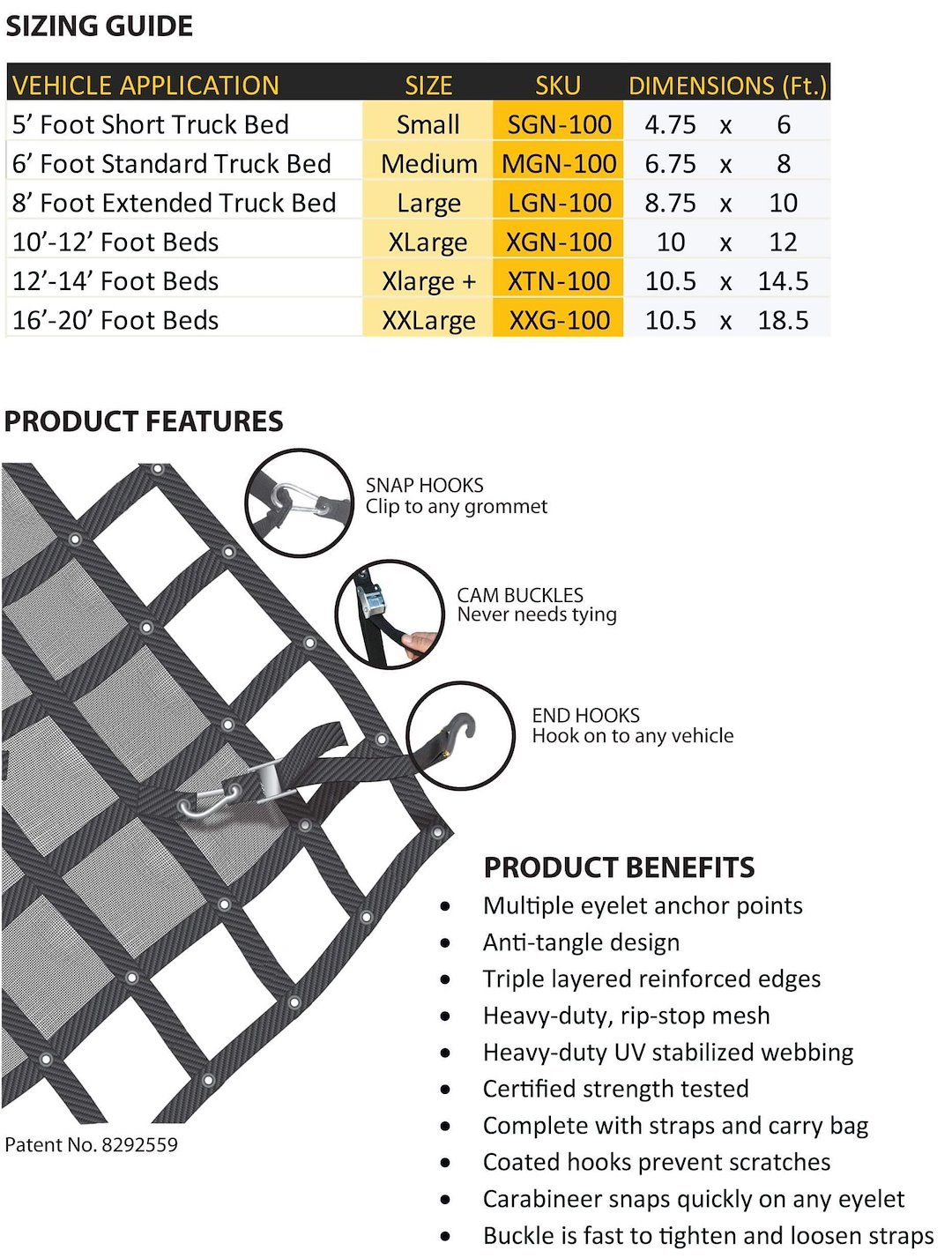 Gladiator Ca Exterior Cargo Net, Mounts to Truck Bed, 4.75 Feet Width X 6 Feet Length, Small, Polypropylene Webbing – SGN-100