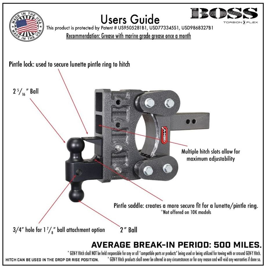 Gen-Y Hitch Trailer Hitch Ball Mount, The Boss Torsion-Flex, Fits 2-1/2 Inch Receiver, 16000 Gross Trailer Weight, Adjustable, Non-Stowable – GH-1115