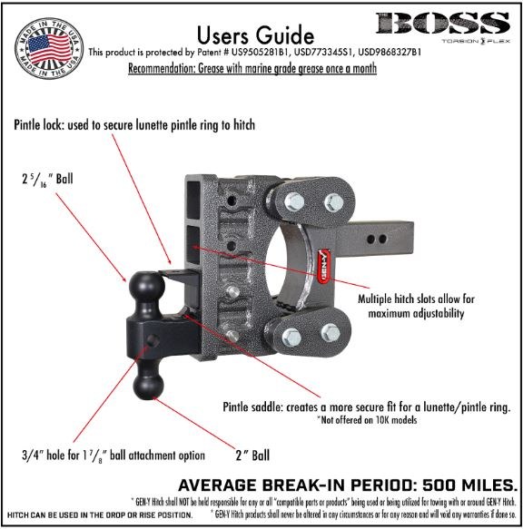 Gen-Y Hitch Trailer Hitch Ball Mount, The Boss Torsion-Flex, Fits 3 Inch Receiver, 21000 Gross Trailer Weight, Adjustable, Non-Stowable – GH-1815