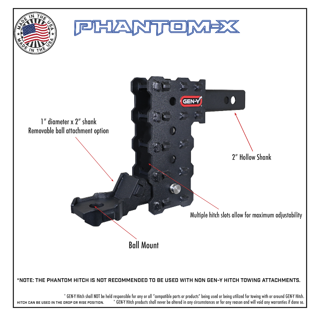 Gen-Y Hitch Trailer Hitch Ball Mount, Phantom-X, Fits 2-1/2 Inch Receiver, Solid Shank, 16000 Gross Trailer Weight, Adjustable/ 3 Positions – GH-2423X