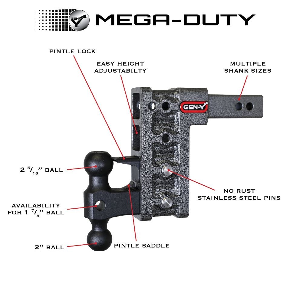 Gen-Y Hitch Trailer Hitch Ball Mount, Mega-Duty, Fits 2-1/2 Inch Receiver, 21000 Gross Trailer Weight, Adjustable, Non-Stowable, 6 Inch Drop – GH-613