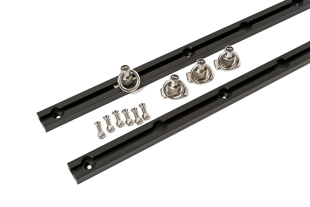 Hi-Lift Jack Tie Down Anchor, Slide-N-Lock ®, 1000 Pound Capacity, Black, Stainless Steel, Set of 4, With Two 68 Inch Aluminum Rails – BXR68B