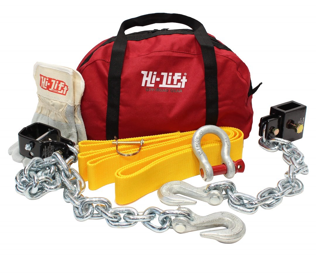 Hi-Lift Jack Winch Rigging Kit, With 1 Winch Tensioner/ 1 Eight Feet Tree Saver Strap/ 1 Pair Hi-Lift Gloves/ D-Ring Shackle/ Gear Bag – ORK